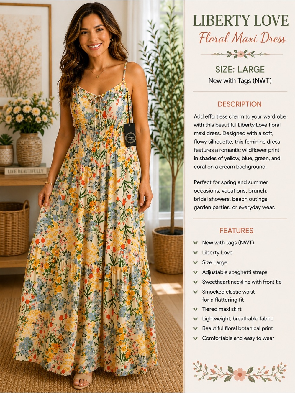 Liberty Floral Maxi Dress — Cream with Yellow, Blue & Coral